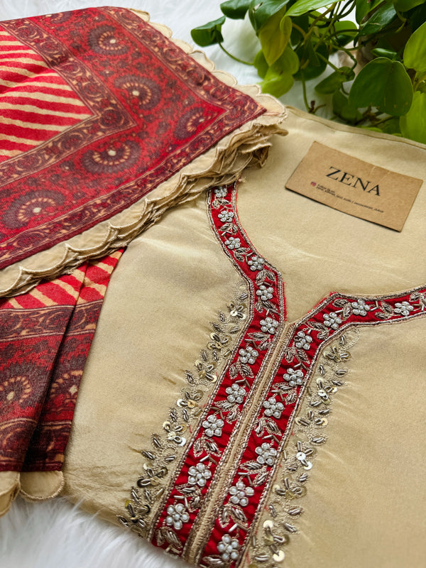 Tissue Silk Handcrafted Unstitched Suit with Digital Printed Scalloped Dupatta