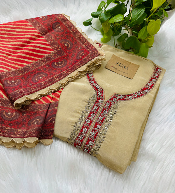 Tissue Silk Handcrafted Unstitched Suit with Digital Printed Scalloped Dupatta