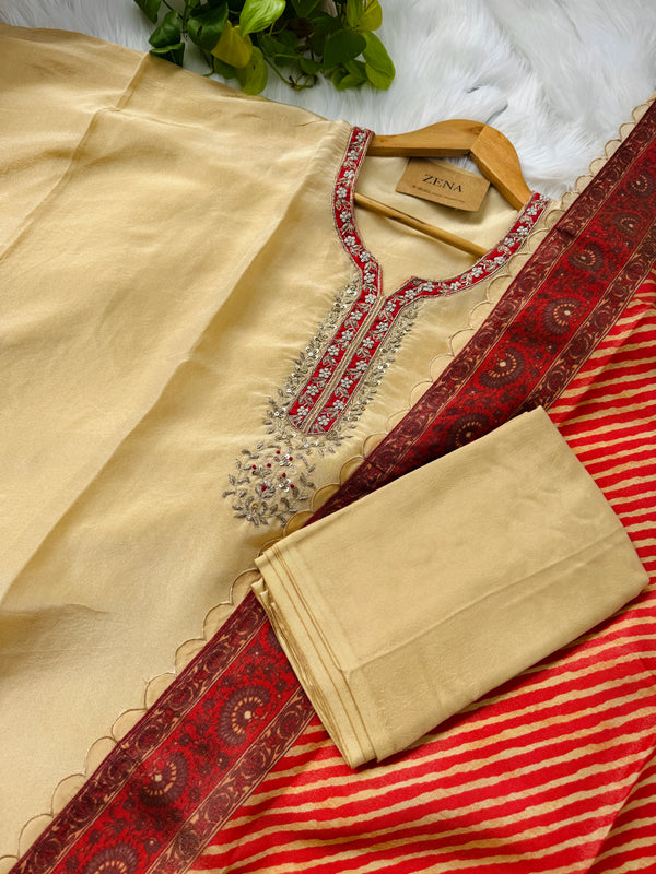 Tissue Silk Handcrafted Unstitched Suit with Digital Printed Scalloped Dupatta