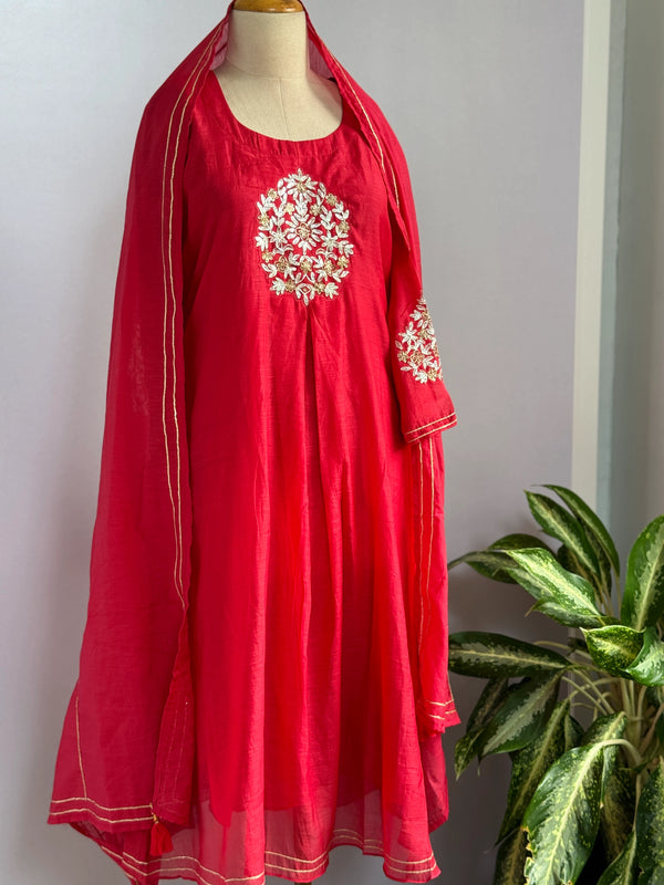Pure Mul Chanderi Hand-Embroidered A-Line Kurti Set