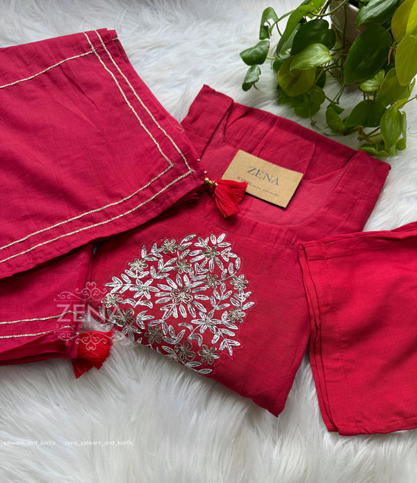 Pure Mul Chanderi Hand-Embroidered A-Line Kurti Set