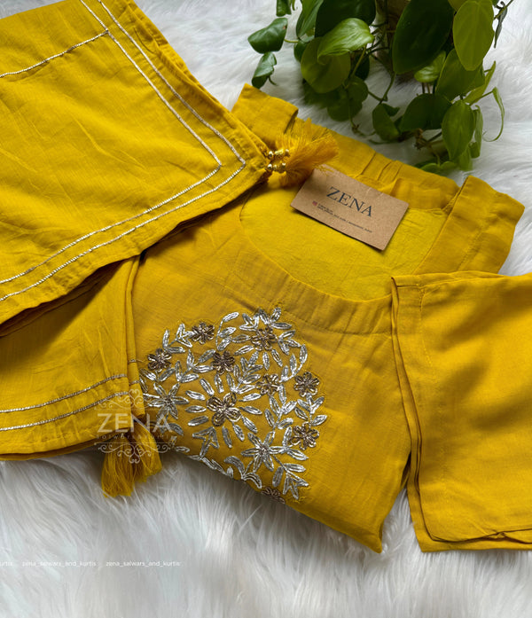 Pure Mul Chanderi Hand-Embroidered A-Line Kurti Set