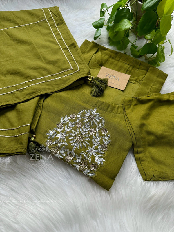 Pure Mul Chanderi Hand-Embroidered A-Line Kurti Set