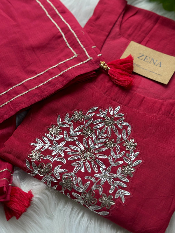 Pure Mul Chanderi Hand-Embroidered A-Line Kurti Set