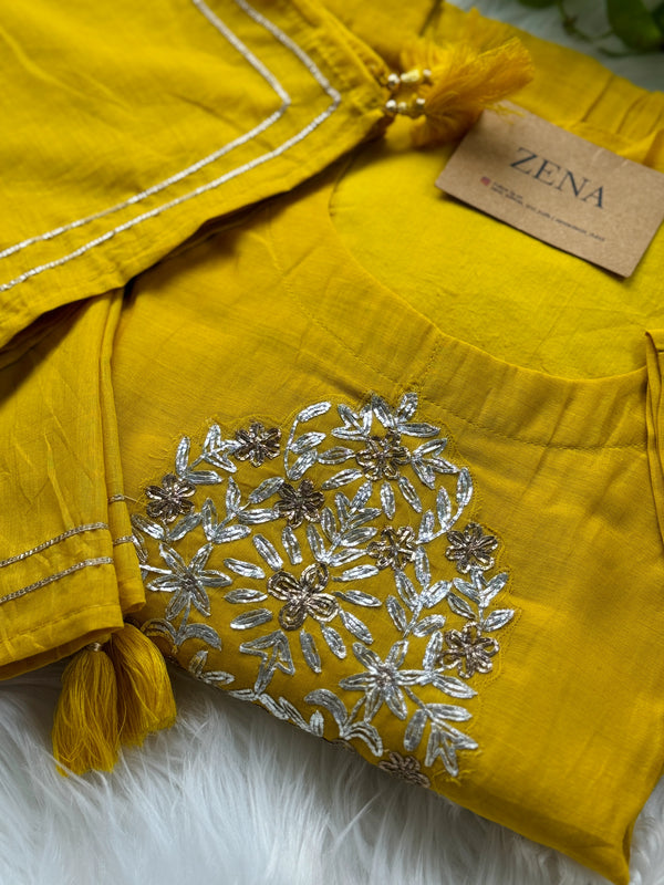 Pure Mul Chanderi Hand-Embroidered A-Line Kurti Set