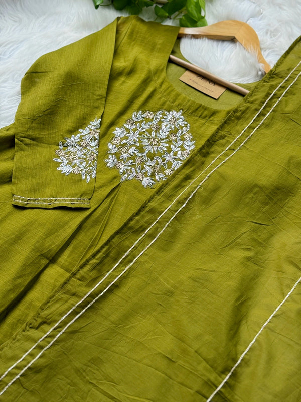 Pure Mul Chanderi Hand-Embroidered A-Line Kurti Set