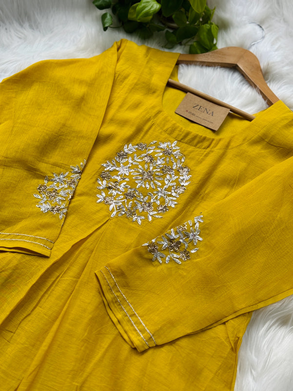 Pure Mul Chanderi Hand-Embroidered A-Line Kurti Set