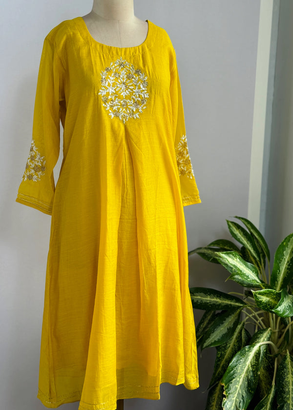 Pure Mul Chanderi Hand-Embroidered A-Line Kurti Set