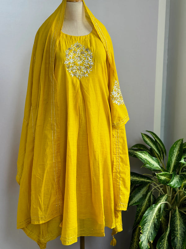 Pure Mul Chanderi Hand-Embroidered A-Line Kurti Set