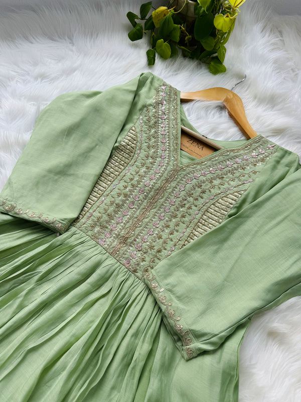 Mul Chanderi Handcrafted Anarkali Partywear Kurti Set