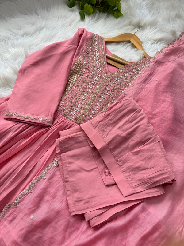 Mul Chanderi Handcrafted Anarkali Partywear Kurti Set