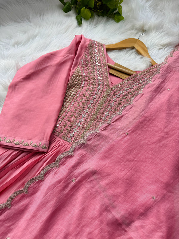 Mul Chanderi Handcrafted Anarkali Partywear Kurti Set