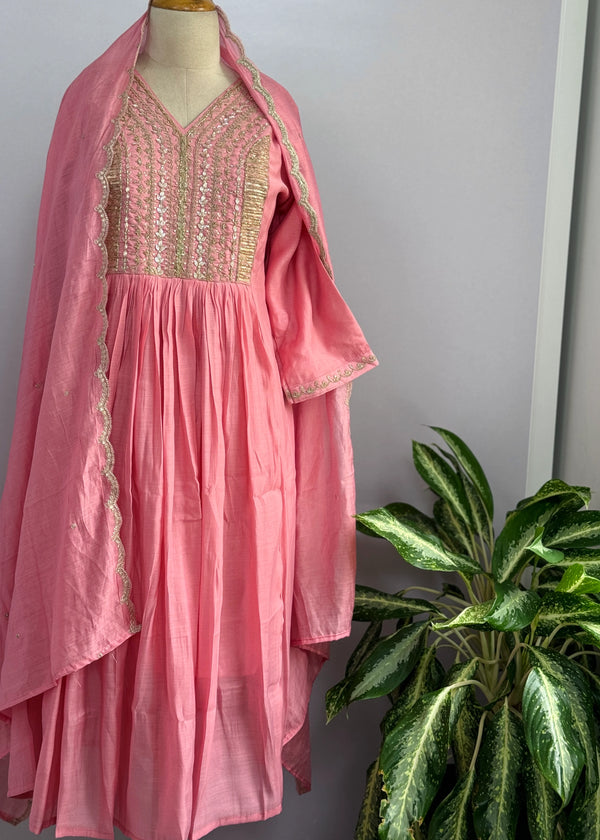 Mul Chanderi Handcrafted Anarkali Partywear Kurti Set