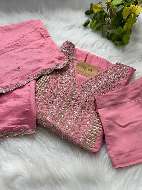 Mul Chanderi Handcrafted Anarkali Partywear Kurti Set