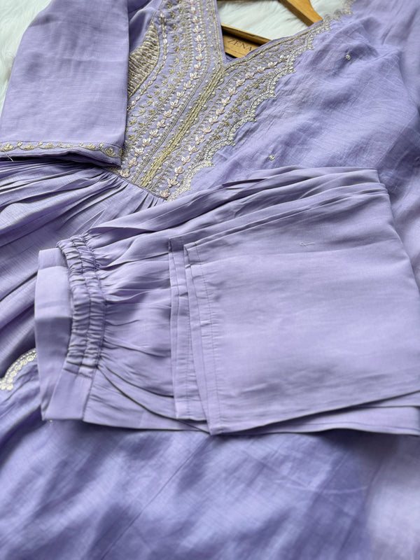 Mul Chanderi Handcrafted Anarkali Partywear Kurti Set