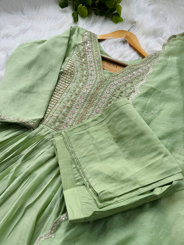 Mul Chanderi Handcrafted Anarkali Partywear Kurti Set