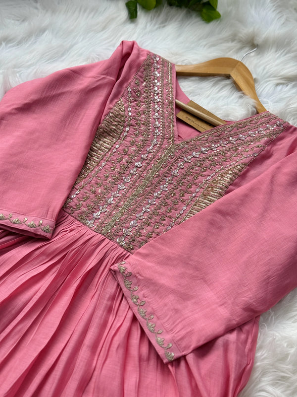 Mul Chanderi Handcrafted Anarkali Partywear Kurti Set