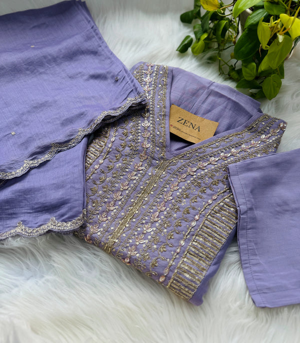 Mul Chanderi Handcrafted Anarkali Partywear Kurti Set