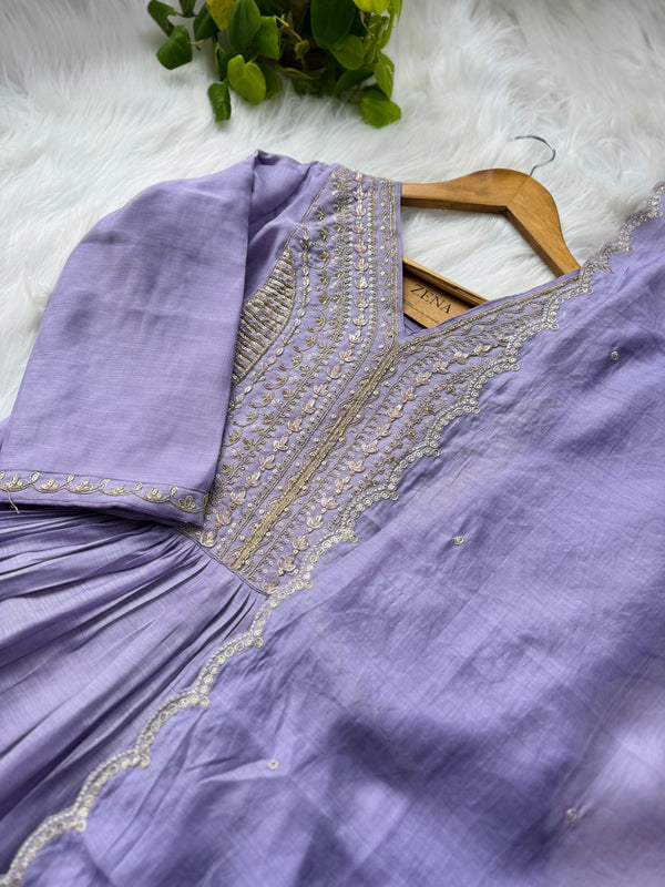 Mul Chanderi Handcrafted Anarkali Partywear Kurti Set