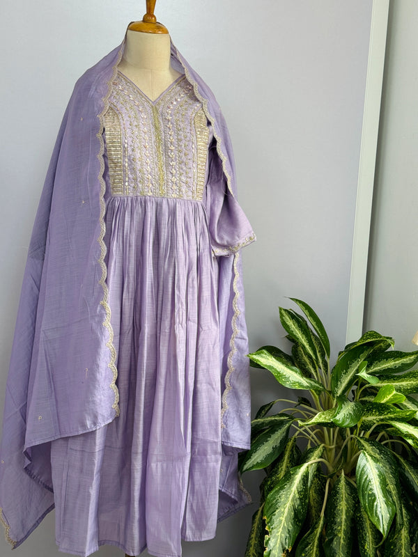 Mul Chanderi Handcrafted Anarkali Partywear Kurti Set