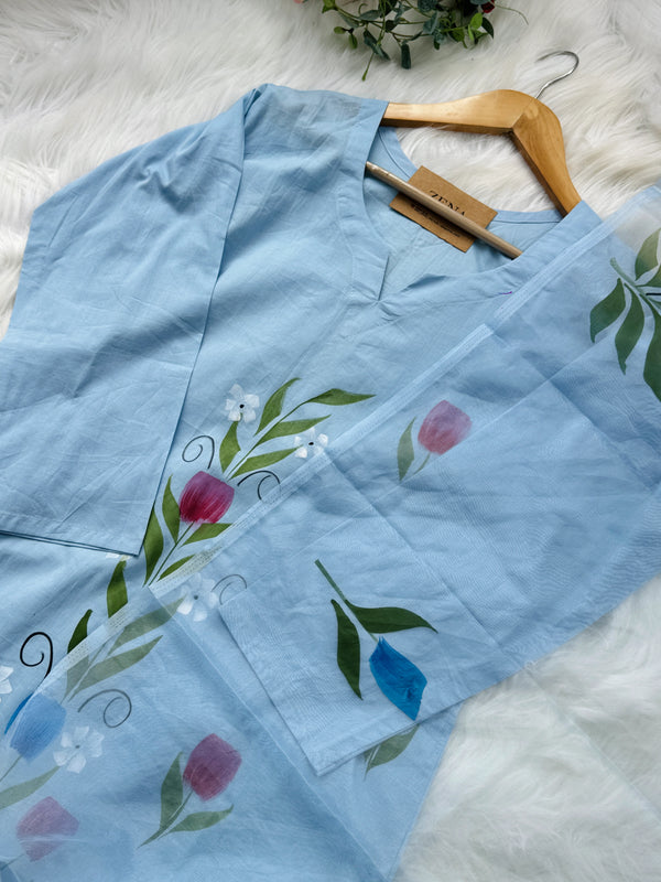 Pure Cotton Hand-Painted Slitted Kurti Set