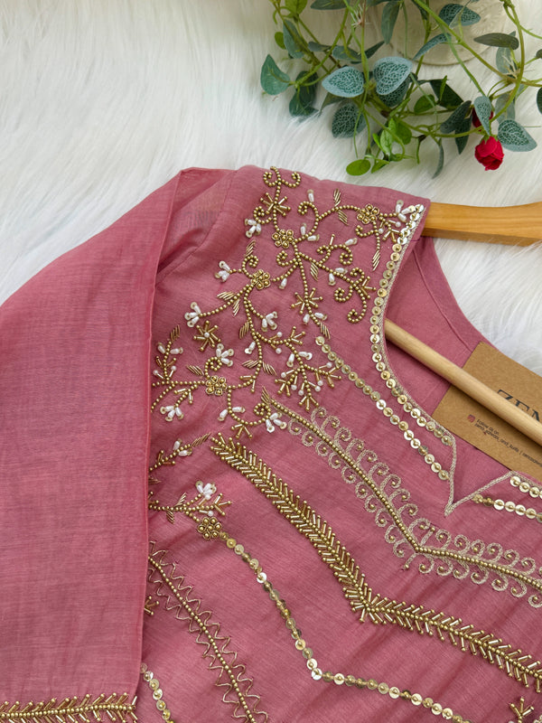 Premium Mul Chanderi Handwork Kurti Set – Top, Bottom & Dupatta