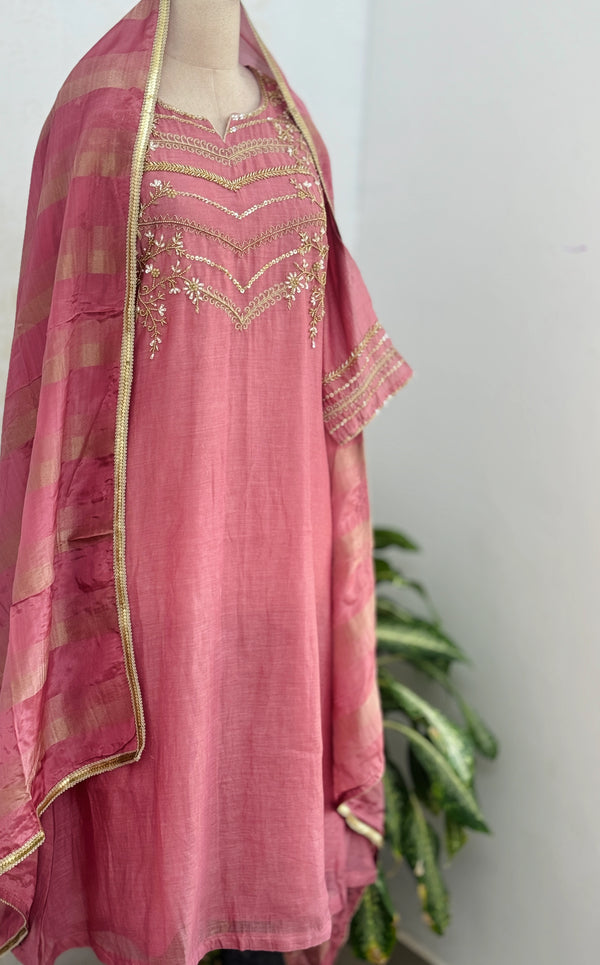 Premium Mul Chanderi Handwork Kurti Set – Top, Bottom & Dupatta