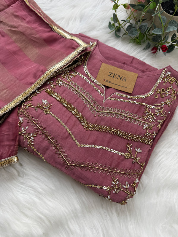 Premium Mul Chanderi Handwork Kurti Set – Top, Bottom & Dupatta