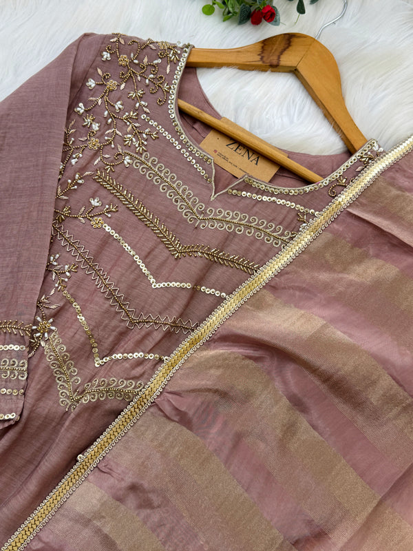 Premium Mul Chanderi Handwork Kurti Set – Top, Bottom & Dupatta