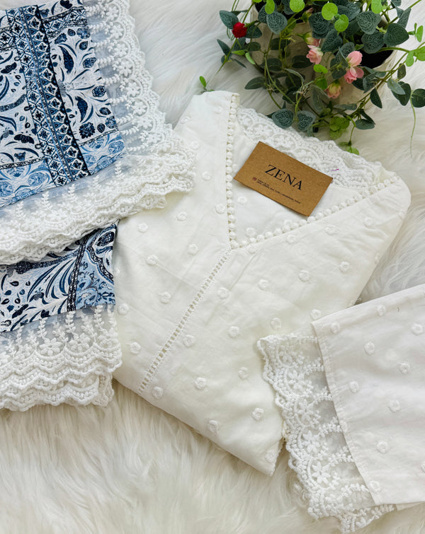 Pure Cotton Embroidered A-Line Kurti Set – Top, Bottom & Dupatta