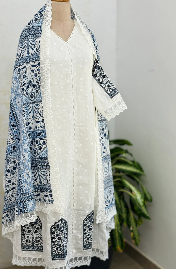 Pure Cotton Embroidered A-Line Kurti Set – Top, Bottom & Dupatta