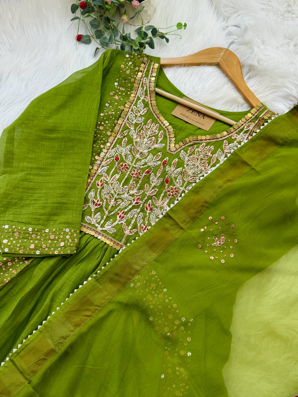 Premium Mul Chanderi Handwork Kurti Set – Top, Bottom & Dupatta