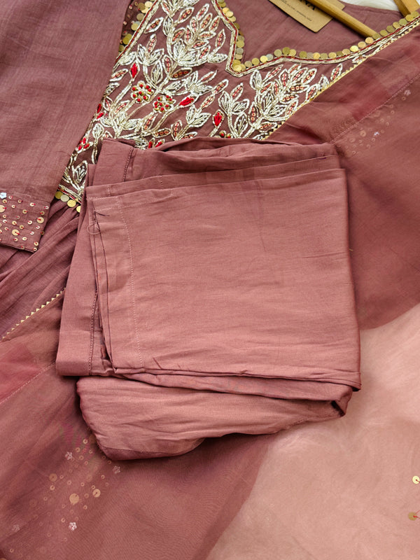 Premium Mul Chanderi Handwork Kurti Set – Top, Bottom & Dupatta