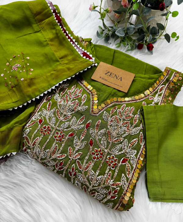 Premium Mul Chanderi Handwork Kurti Set – Top, Bottom & Dupatta