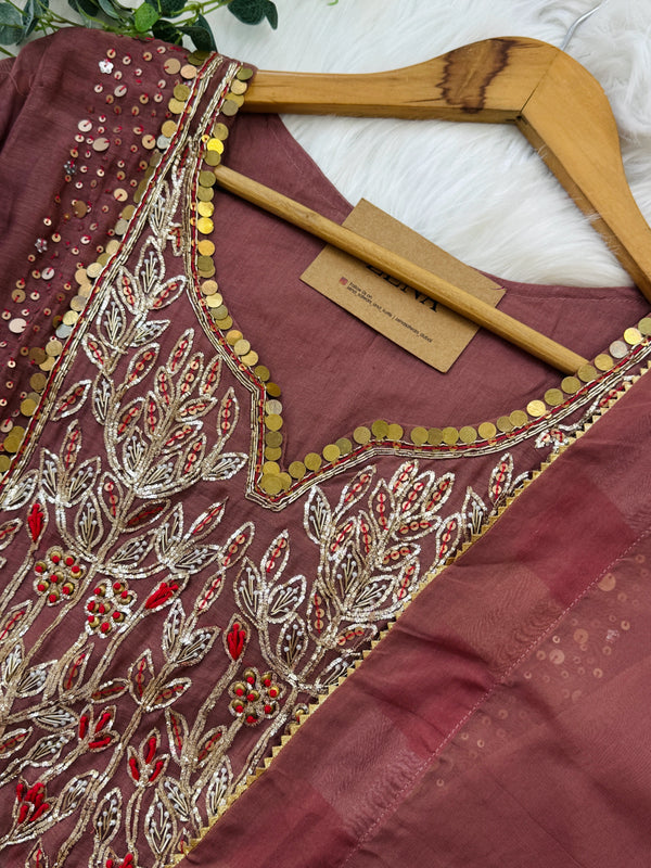 Premium Mul Chanderi Handwork Kurti Set – Top, Bottom & Dupatta