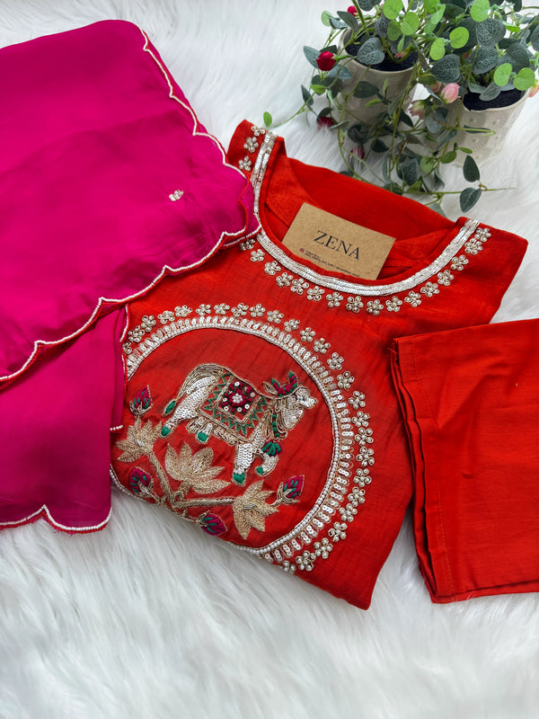 ✨ Premium Mul Chanderi Handwork Kurti Set – Top, Bottom & Dupatta ✨