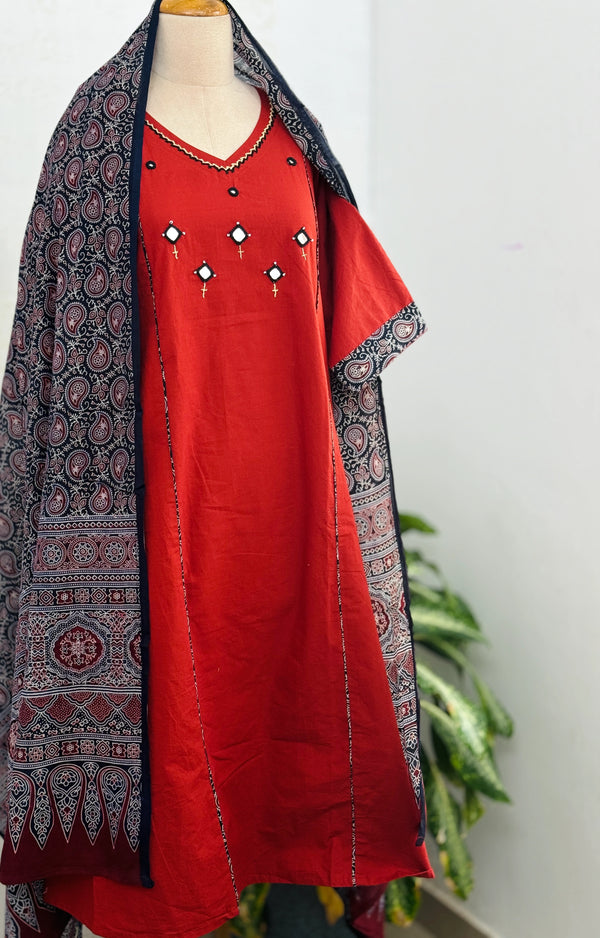 Pure Cotton Mirror Work Kurti Set – Top, Bottom & Dupatta