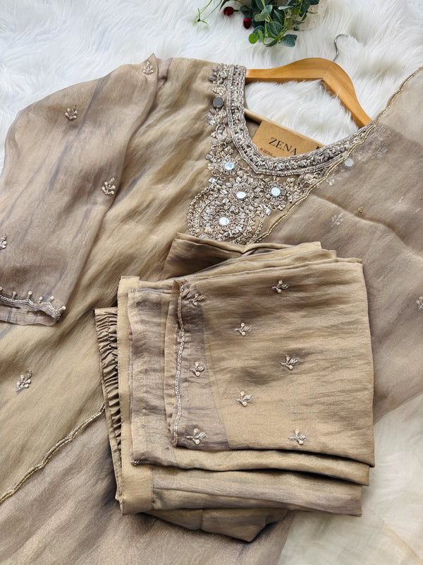 ✨ Premium Crushed Tissue Silk Handwork Suit – Top, Bottom & Dupatta ✨