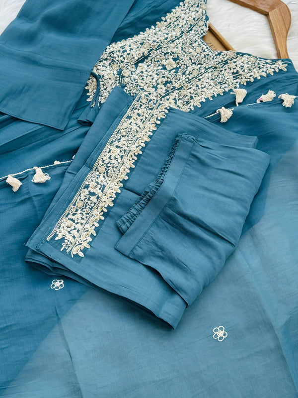 ✨ Mul Chanderi Embroidered Party Wear Kurti Set ✨