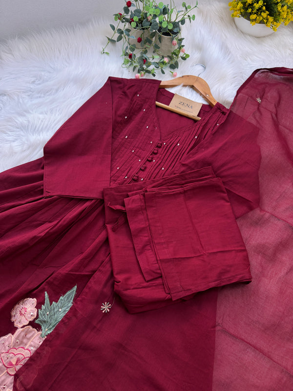 ✨ Pure Cotton Hand Detailed Anarkali Set – Appliqué Work ✨