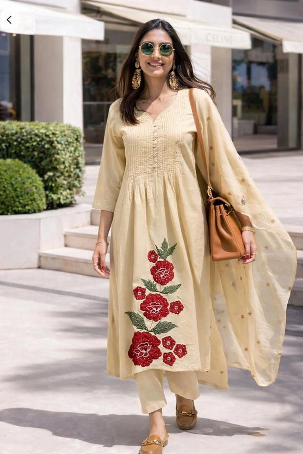 ✨ Pure Cotton Hand Detailed Anarkali Set – Appliqué Work ✨
