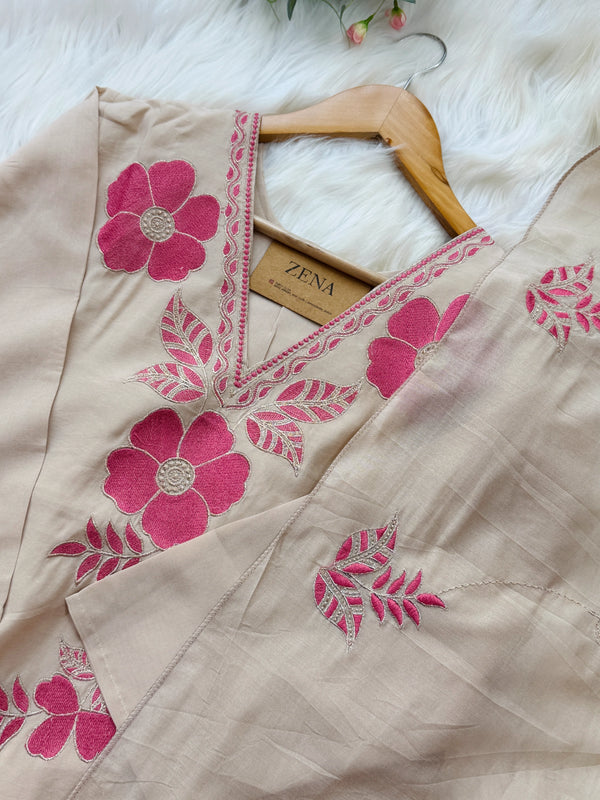 ✨ Roman Silk Appliqué Work A-Line Kurti Set ✨