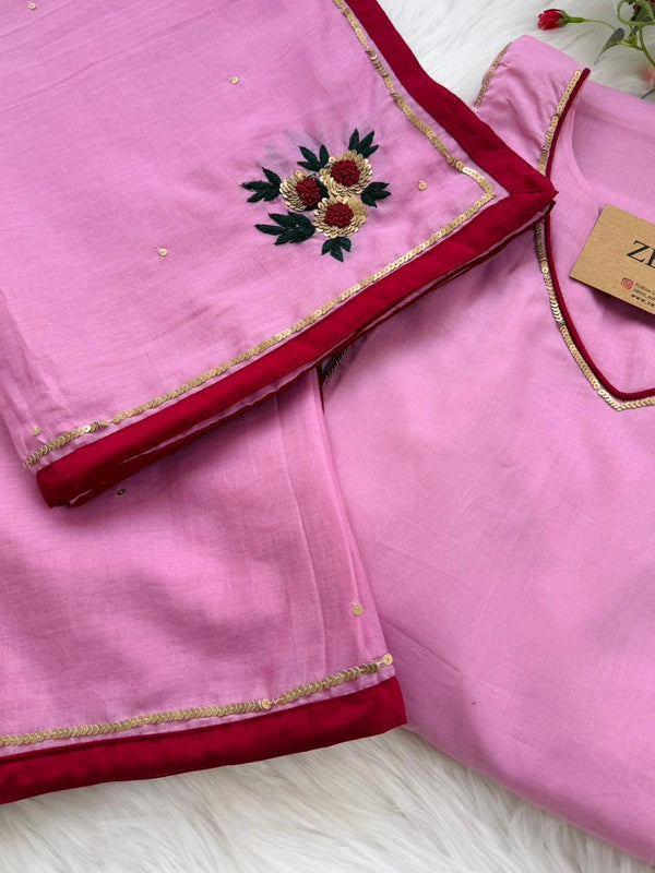 ✨ Premium Mul Chanderi Hand Detailed A-Line Kurti Set ✨