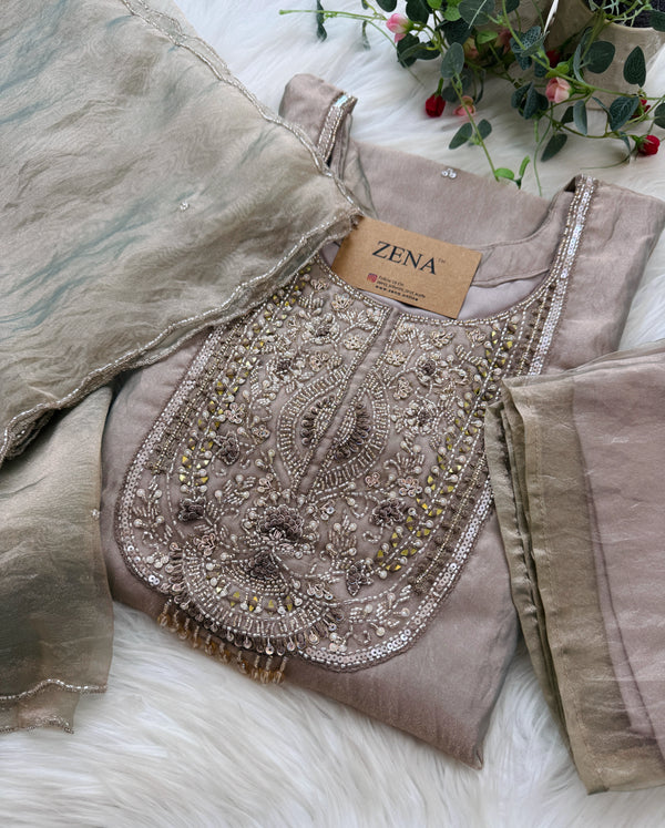✨ Premium Crushed Tissue Silk Handwork Suit – Top, Bottom & Dupatta ✨
