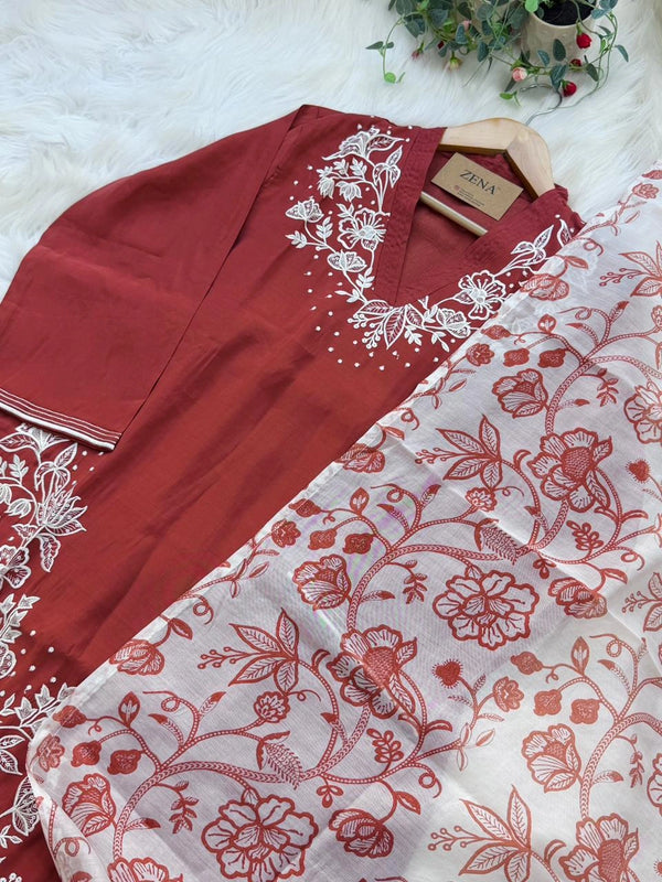 ✨ Modal Mul Chanderi Embroidered Kurti Set ✨