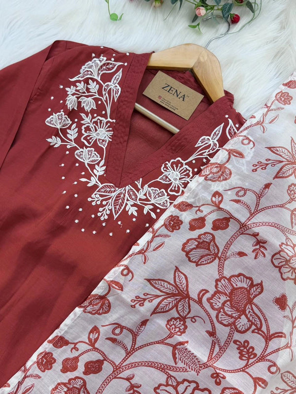 ✨ Modal Mul Chanderi Embroidered Kurti Set ✨