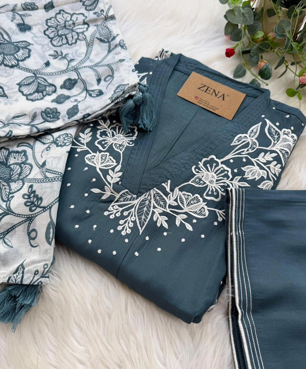 ✨ Modal Mul Chanderi Embroidered Kurti Set ✨