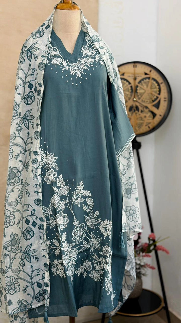 ✨ Modal Mul Chanderi Embroidered Kurti Set ✨