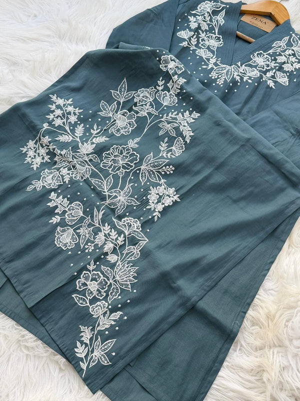 ✨ Modal Mul Chanderi Embroidered Kurti Set ✨