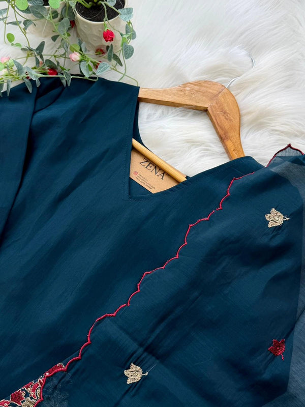 ✨ Roman Silk Embroidered Partywear Kurti Set ✨